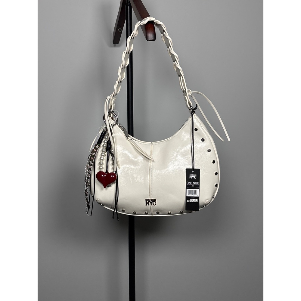 Madden NYC Shoulder Bag Womens OS White Studded Heart Charm Y2K Edgy Glossy